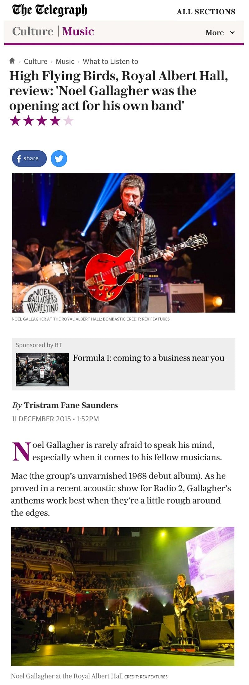 Image usage - Telegraph online 11 December 2015 - Noel Gallagher live at the Royal Albert Hall 10 December 2015