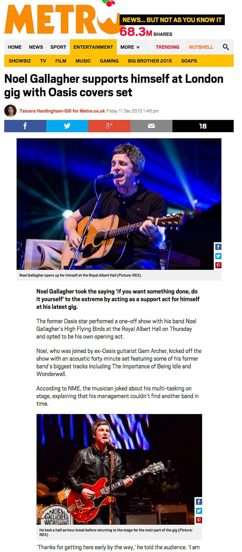 Image usage - Metro online 11 December 2015 - Noel Gallagher live at the Royal Albert Hall 10 December 2015