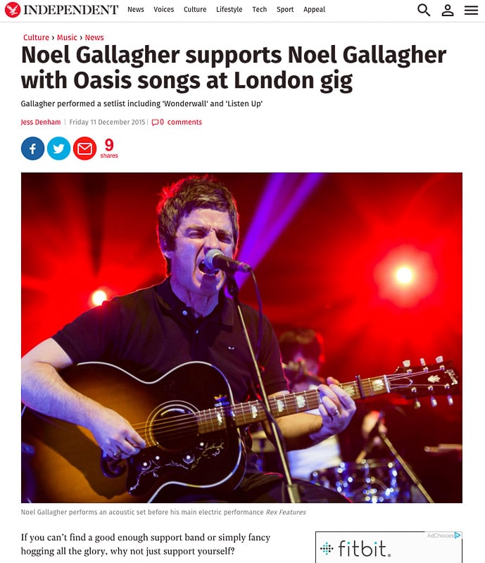 Image usage - Independent online 11 December 2015 - Noel Gallagher live at the Royal Albert Hall 10 December 2015