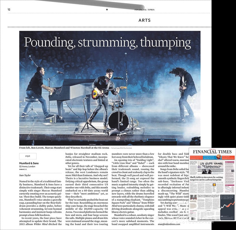 Image usage - Mumford & Sons live at The O2 Arena 29/11/2018 - The Financial Times, 3/12/2018